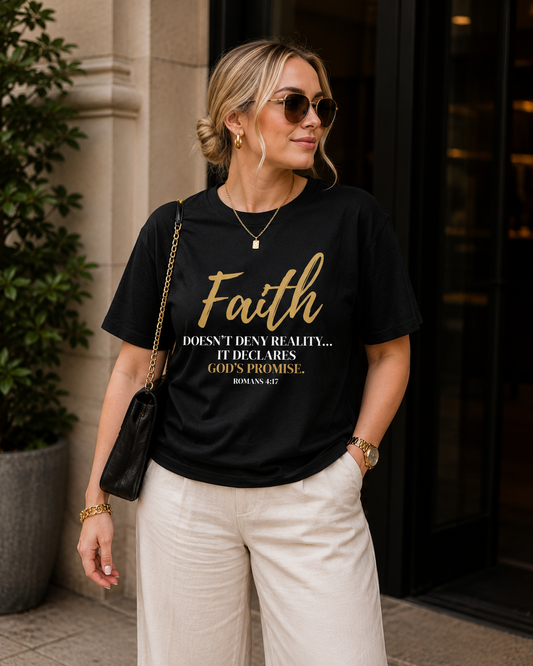 "Faith Doesn't Deny Reality" Christian T-Shirt | Romans 4:17 Scripture Tee | Faith Declaration Shirt for Women