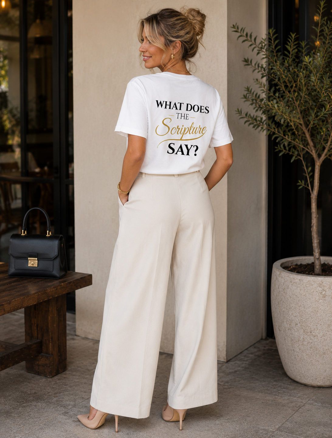 "What Does the Scripture Say?" Christian T-Shirt for Women | Faith-Based Graphic Tee | Organic Cotton Scripture Shirt