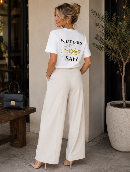 "What Does the Scripture Say?" Christian T-Shirt for Women | Faith-Based Graphic Tee | Organic Cotton Scripture Shirt